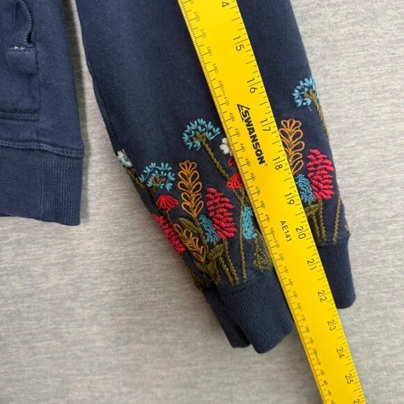 Sundance Size Large Navy Embroidered Floral Zip Hoodie Boho Cotton - Picture 7 of 8